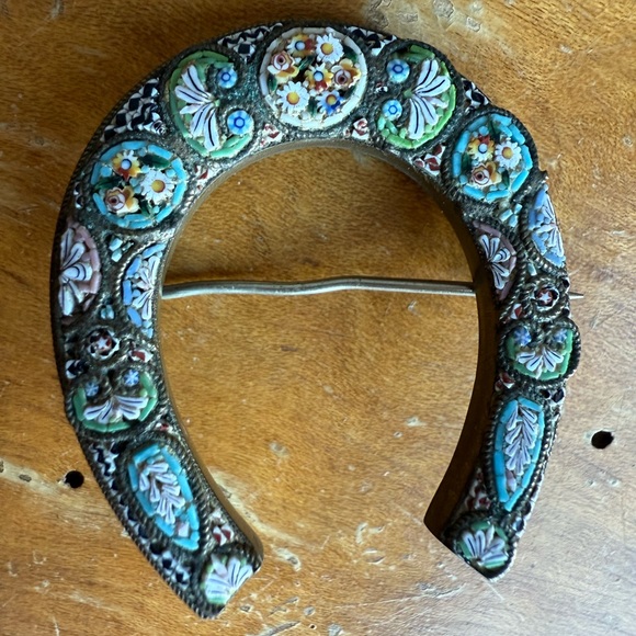 Antique Italian Micro Mosaic Brooch Lucky Horseshoe 1920s - Picture 7 of 7